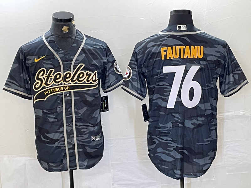 Men’s Pittsburgh Steelers #76 Troy Fautanu Grey Camo With Patch Cool Base Stitched Baseball Jersey