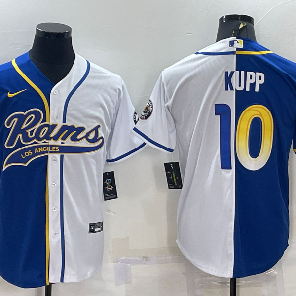 Men’s Los Angeles Rams #10 Cooper Kupp Royal White Split With Patch Cool Base Stitched Baseball Jersey