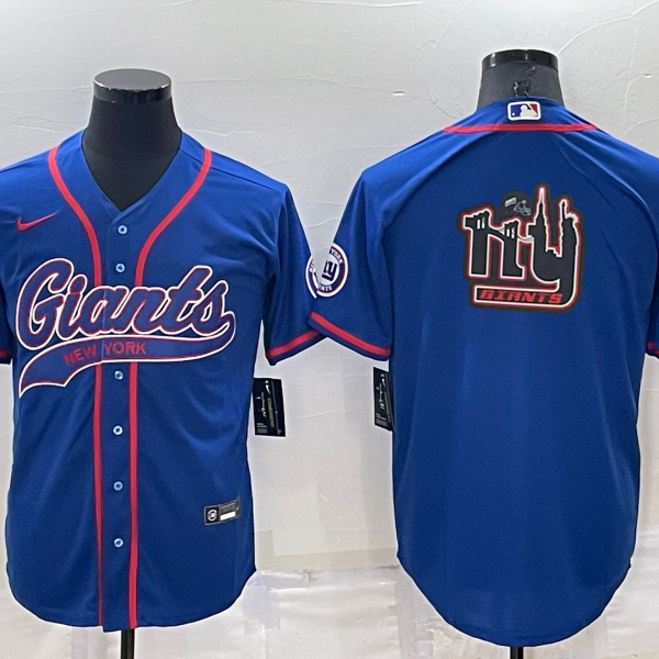 Men’s New York Giants Blue Team Big Logo With Patch Cool Base Stitched Baseball Jersey