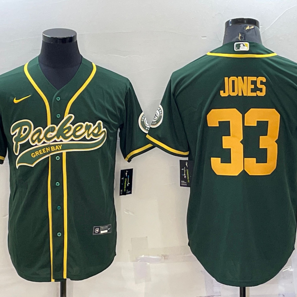 Men’s Green Bay Packers #33 Aaron Jones Green Yellow With Patch Cool Base Stitched Baseball Jersey