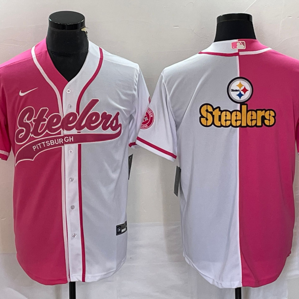 Men’s Pittsburgh Steelers Big Logo Pink White Two Tone With Patch Cool Base Stitched Baseball Jersey