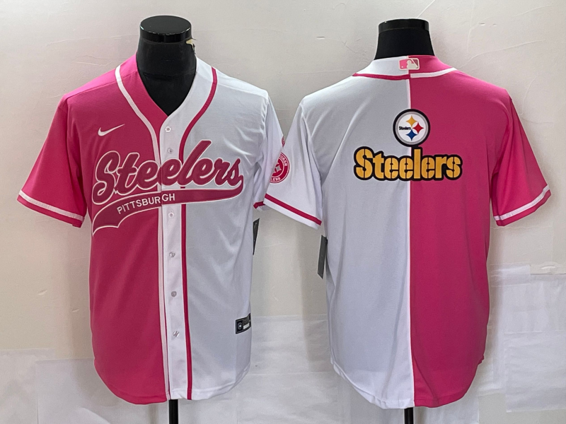 Men’s Pittsburgh Steelers Big Logo Pink White Two Tone With Patch Cool Base Stitched Baseball Jersey