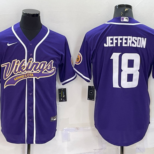 Men’s Minnesota Vikings #18 Justin Jefferson Purple With Patch Cool Base Stitched Baseball Jersey