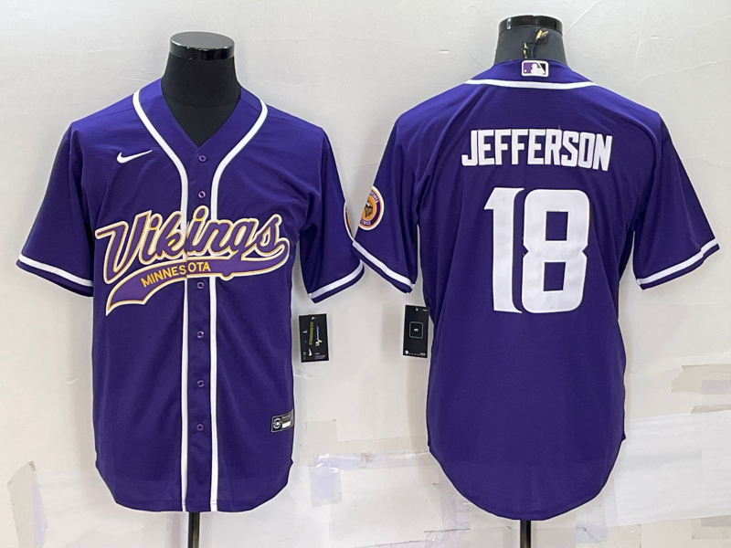 Men’s Minnesota Vikings #18 Justin Jefferson Purple With Patch Cool Base Stitched Baseball Jersey