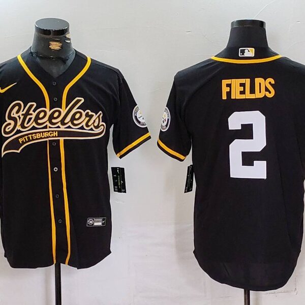 Men’s Pittsburgh Steelers #2 Justin Fields Black With Patch Cool Base Stitched Baseball Jersey