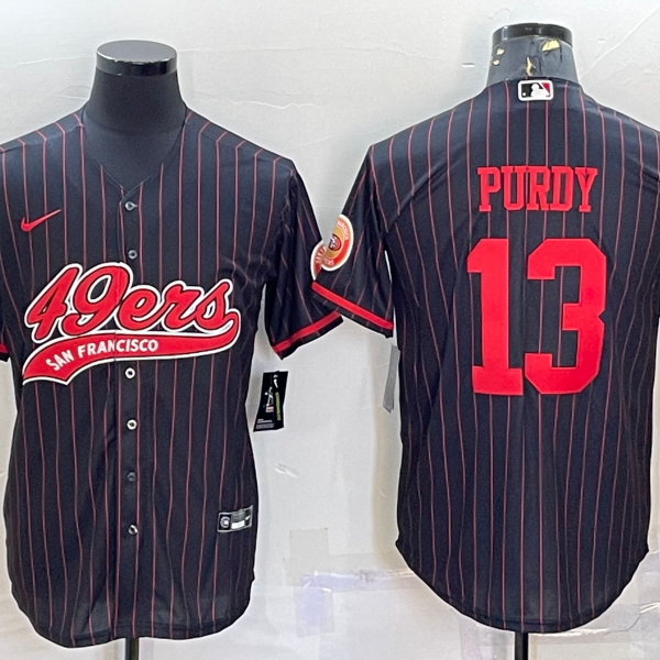 Men’s San Francisco 49ers #13 Brock Purdy Black Pinstripe With Patch Cool Base Stitched Baseball Jersey