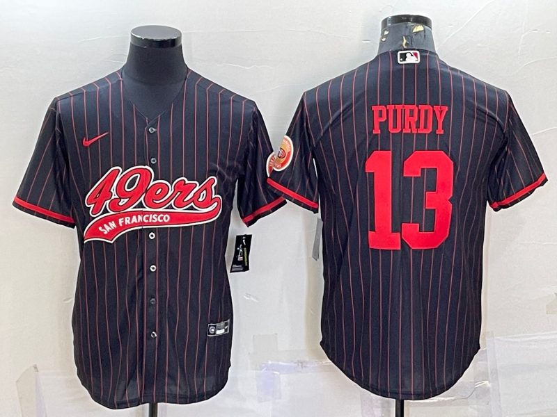 Men’s San Francisco 49ers #13 Brock Purdy Black Pinstripe With Patch Cool Base Stitched Baseball Jersey