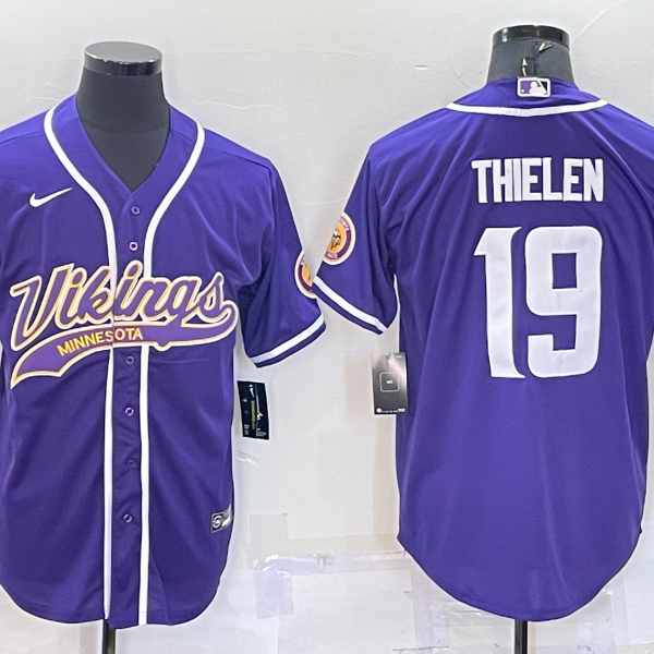 Men’s Minnesota Vikings #19 Adam Thielen Purple With Patch Cool Base Stitched Baseball Jersey