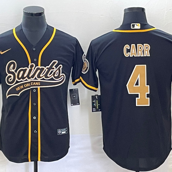 Men’s New Orleans Saints #4 Derek Carr Black With Patch Cool Base Stitched Baseball Jersey