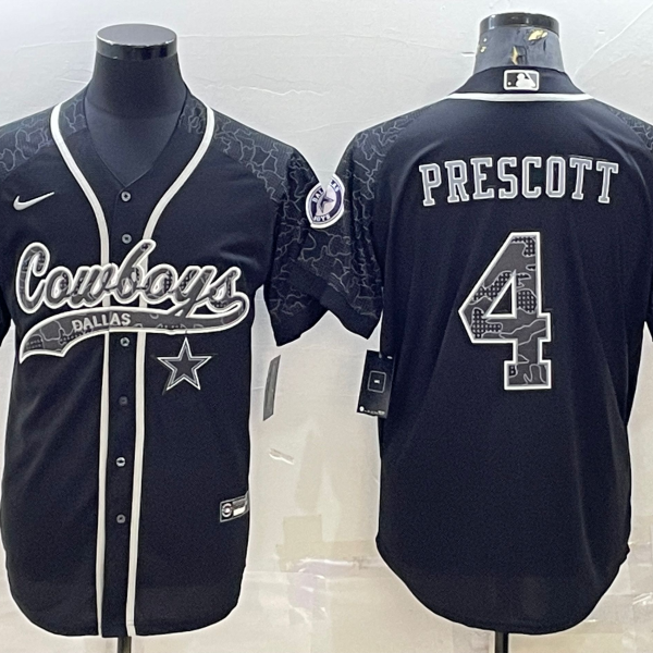 Men’s Dallas Cowboys #4 Dak Prescott Black Reflective With Patch Cool Base Stitched Baseball Jersey
