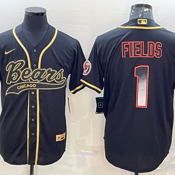 Men’s Chicago Bears #1 Justin Fields Black Gold With Patch Smoke Cool Base Stitched Baseball Jersey
