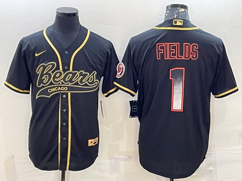 Men’s Chicago Bears #1 Justin Fields Black Gold With Patch Smoke Cool Base Stitched Baseball Jersey
