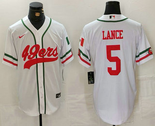 Men’s San Francisco 49ers #5 Trey Lance White Mexico Cool Base Stitched Baseball Jersey