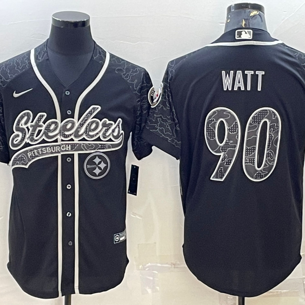 Men’s Pittsburgh Steelers #90 TJ Watt Black Reflective With Patch Cool Base Stitched Baseball Jersey
