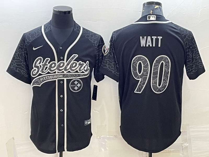 Men’s Pittsburgh Steelers #90 TJ Watt Black Reflective With Patch Cool Base Stitched Baseball Jersey