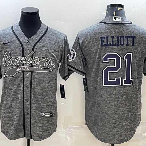 Men’s Dallas Cowboys #21 Ezekiel Elliott Grey Gridiron With Patch Cool Base Stitched Baseball Jersey