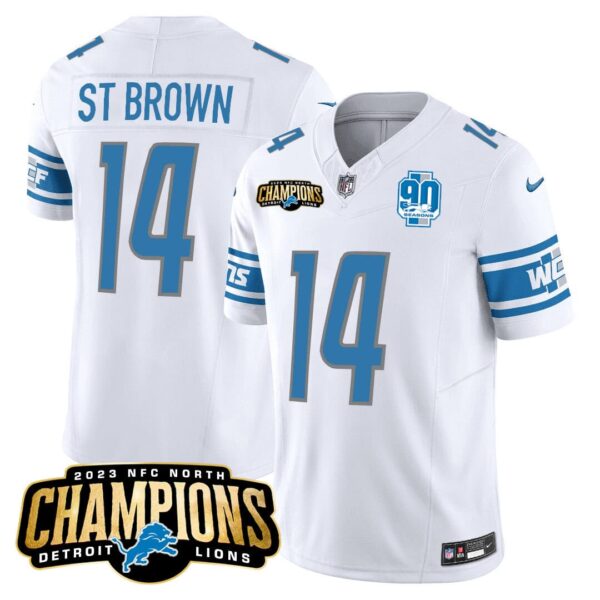 Men’s Detroit Lions 2023 NFC North Champions Patch Vapor Jersey V2 – All Stitched – White – St. Brown