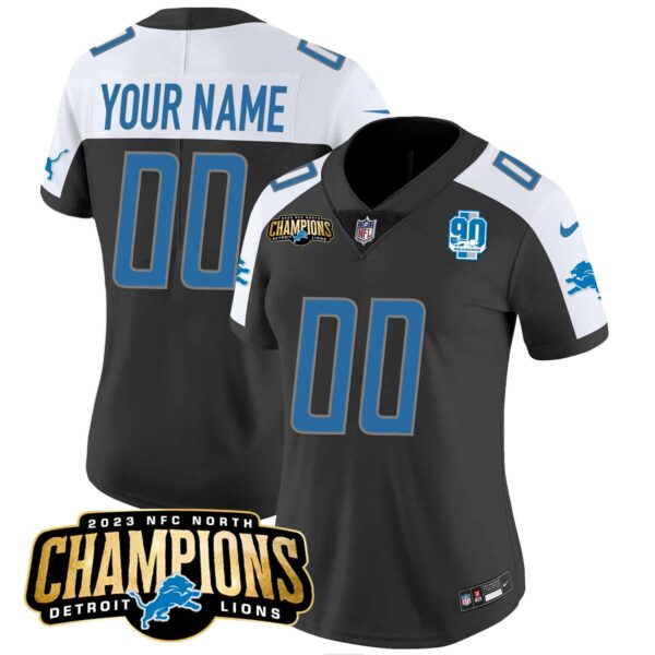 Detroit Lions 2023 NFC North Champions Patch Vapor Custom Jersey V2 – All Stitched – Women – Black Alternate