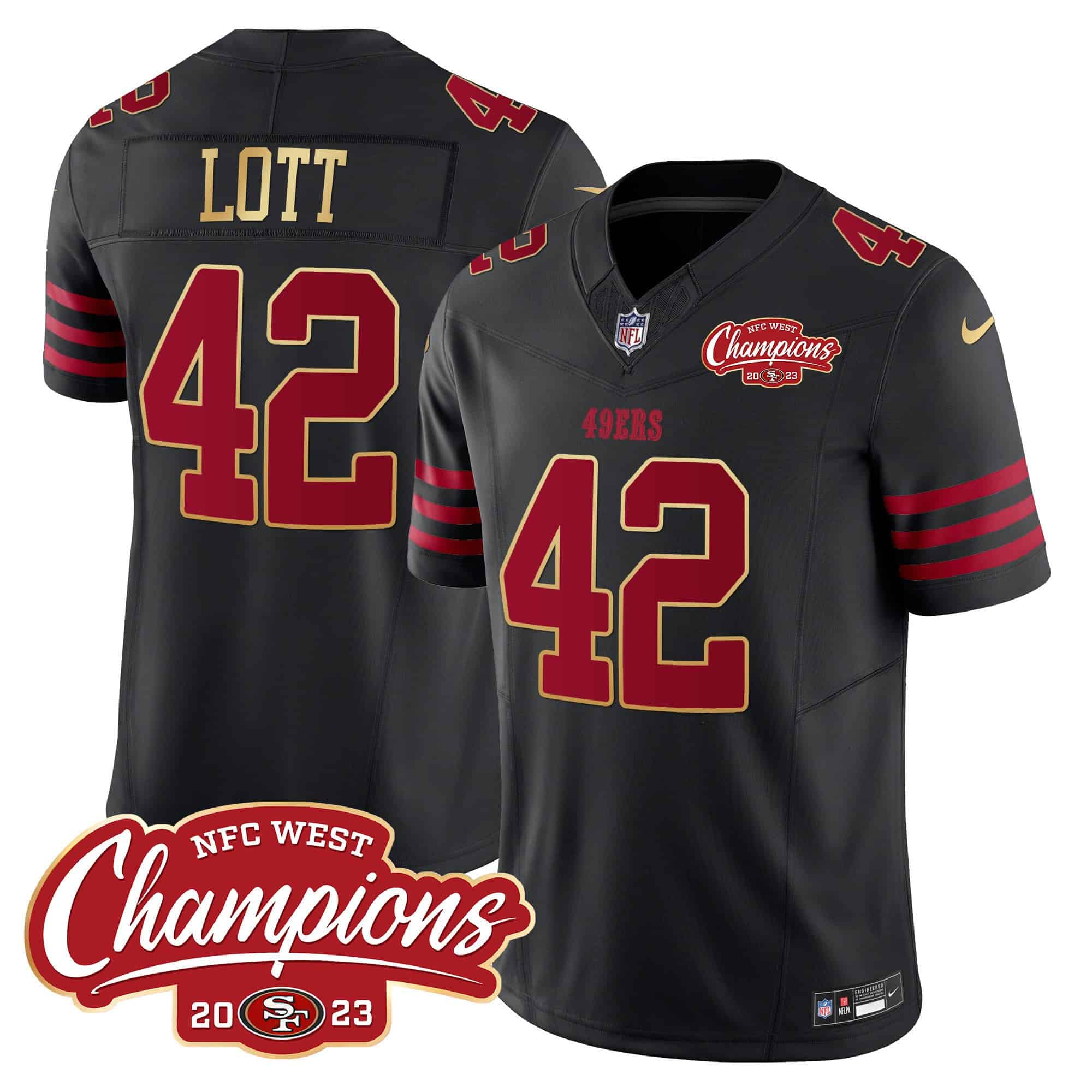 Men’s 49ers NFC West Champions Gold Trim Vapor Jersey – All Stitched – Black – Ronnie Lott