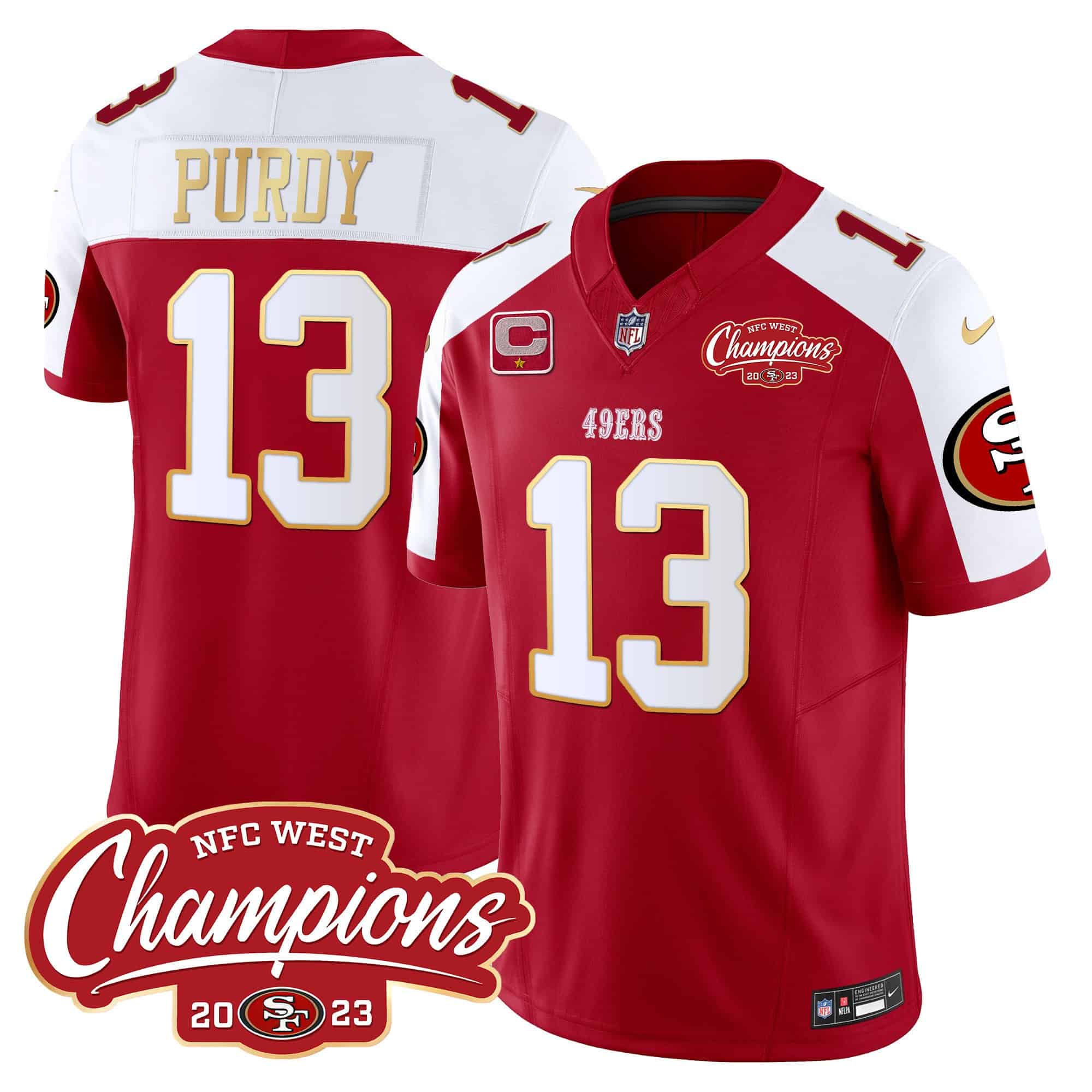 Men’s 49ers NFC West Champions Gold Trim Vapor Jersey – All Stitched – Red Alternate – Brock Purdy