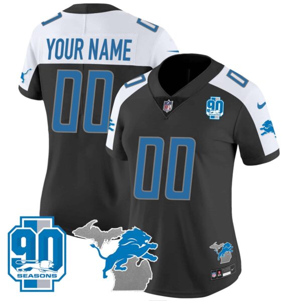 Detroit Lions 90th Year & Michigan Patch Custom Vapor Jersey – All Stitched – Women – Black Alternate
