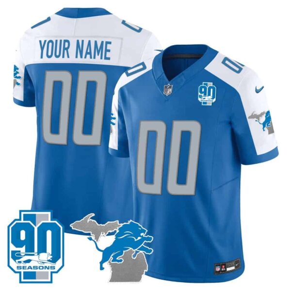 Detroit Lions 90th Year & Michigan Patch Custom Vapor Jersey – All Stitched – Youth – Blue Alternate