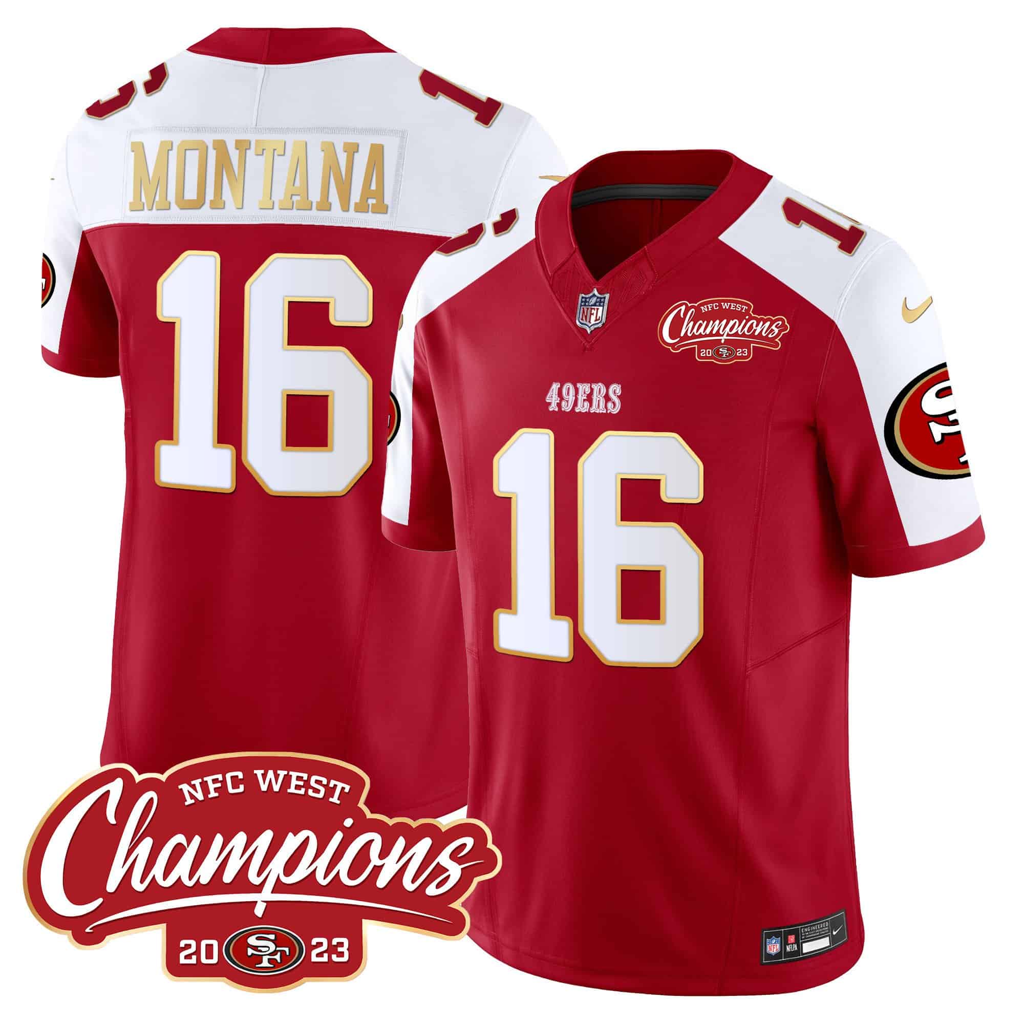 Men’s 49ers NFC West Champions Gold Trim Vapor Jersey – All Stitched – Red Alternate – Joe Montana