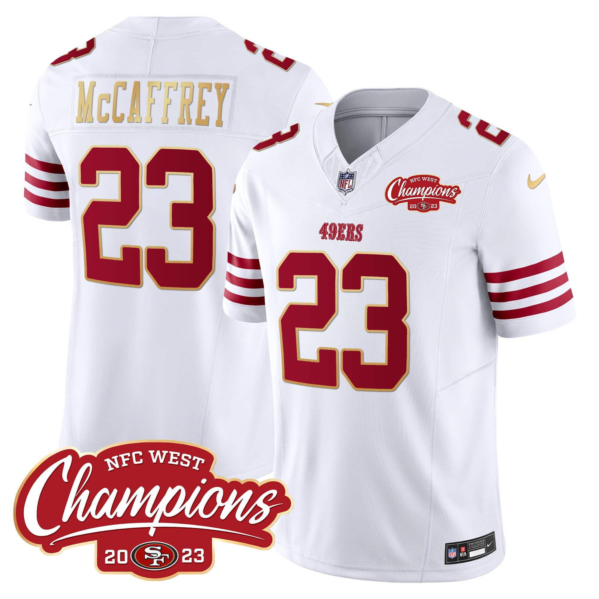 Men’s 49ers NFC West Champions Gold Trim Vapor Jersey – All Stitched – White – Christian McCaffrey