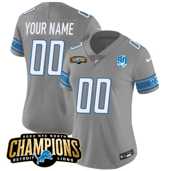 Detroit Lions 2023 NFC North Champions Patch Vapor Custom Jersey V2 – All Stitched – Women – Gray