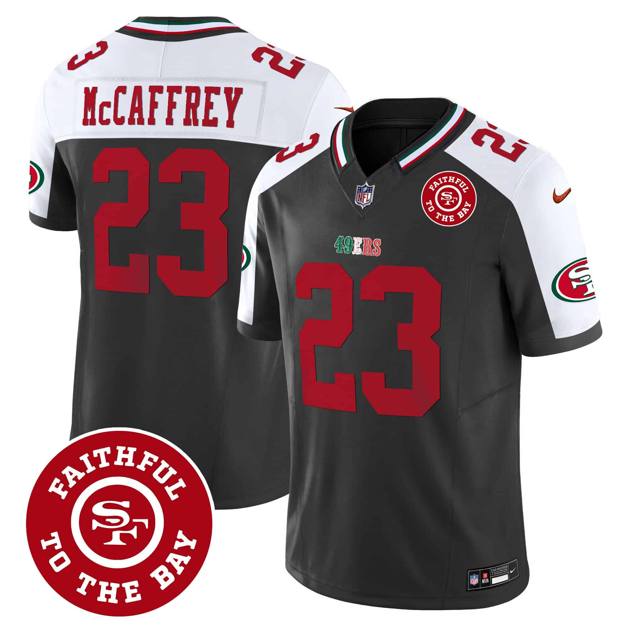 Men’s 49ers Mexico Faithful To The Bay Patch Vapor Jersey – All Stitched – Black Alternate – Christian McCaffrey