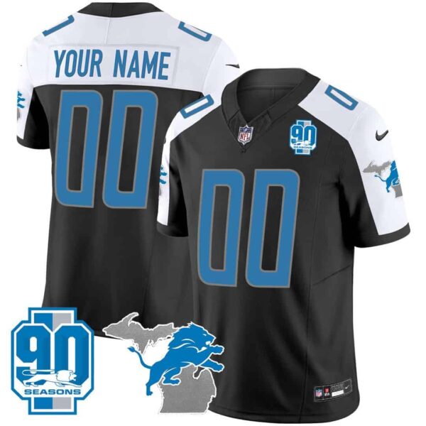 Detroit Lions 90th Year & Michigan Patch Custom Vapor Jersey – All Stitched – Youth – Black Alternate
