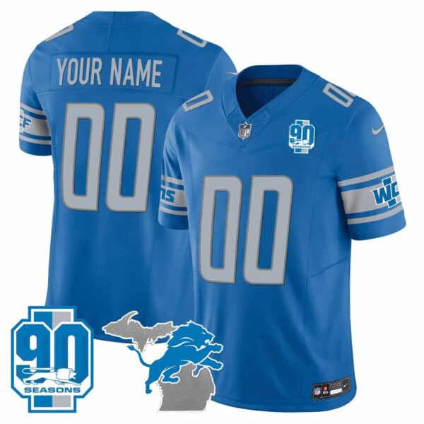 Detroit Lions 90th Year & Michigan Patch Custom Vapor Jersey – All Stitched – Youth – Blue