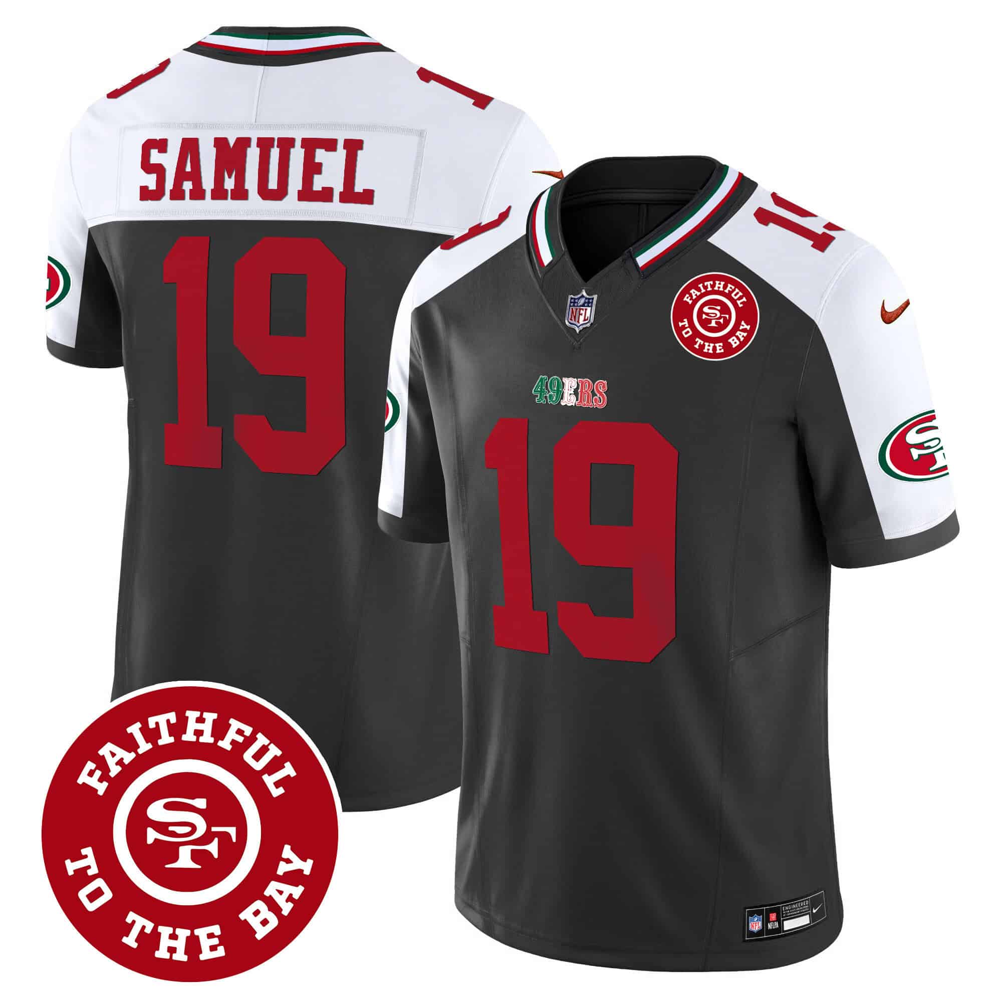 Men’s 49ers Mexico Faithful To The Bay Patch Vapor Jersey – All Stitched – Black Alternate – Deebo Samuel