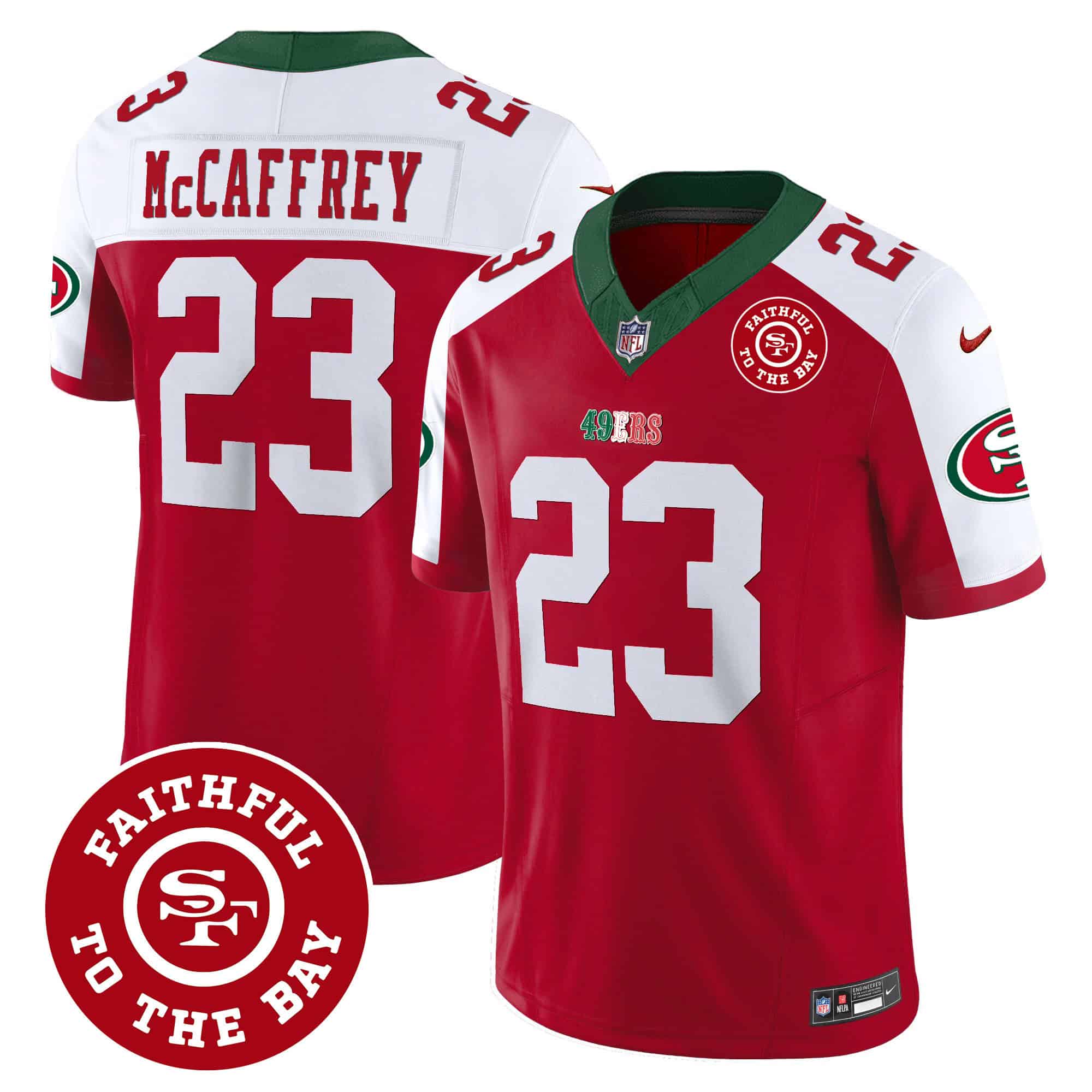 Men’s 49ers Mexico Faithful To The Bay Patch Vapor Jersey – All Stitched – Red Alternate – Christian McCaffrey