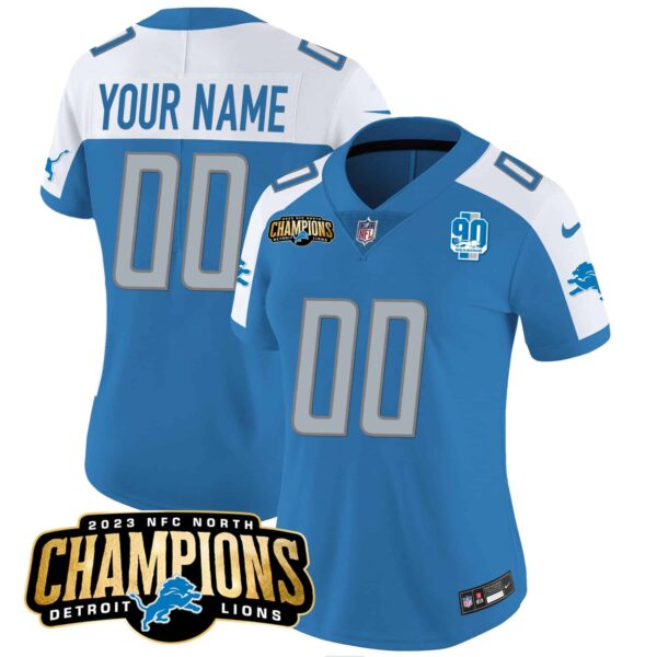 Detroit Lions 2023 NFC North Champions Patch Vapor Custom Jersey V2 – All Stitched – Women – Blue Alternate