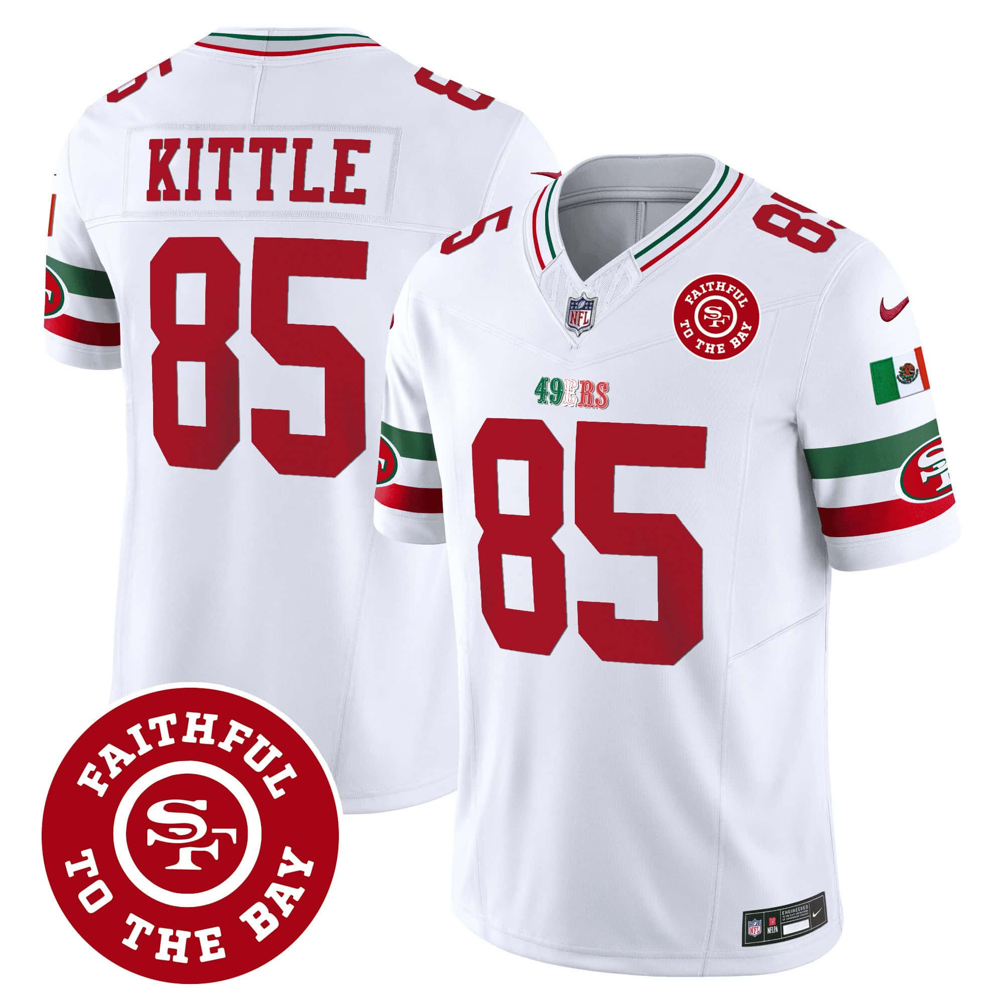 Men’s 49ers Mexico Faithful To The Bay Patch Vapor Jersey – All Stitched – White – George Kittle