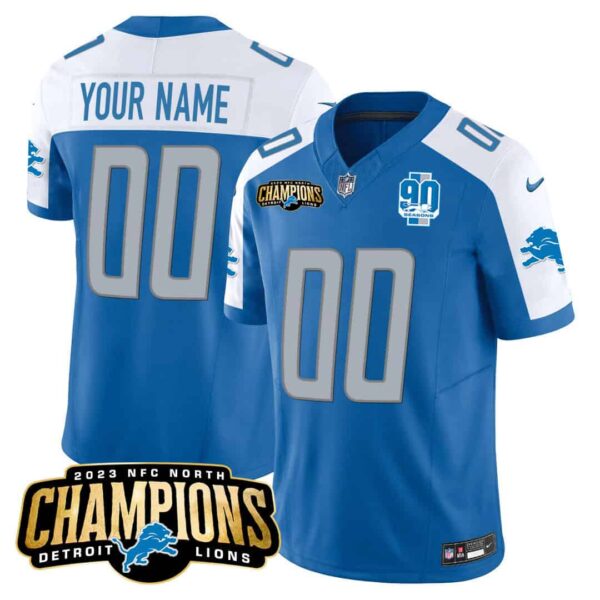 Detroit Lions 2023 NFC North Champions Patch Vapor Custom Jersey V2 – All Stitched – Youth – Blue Alternate