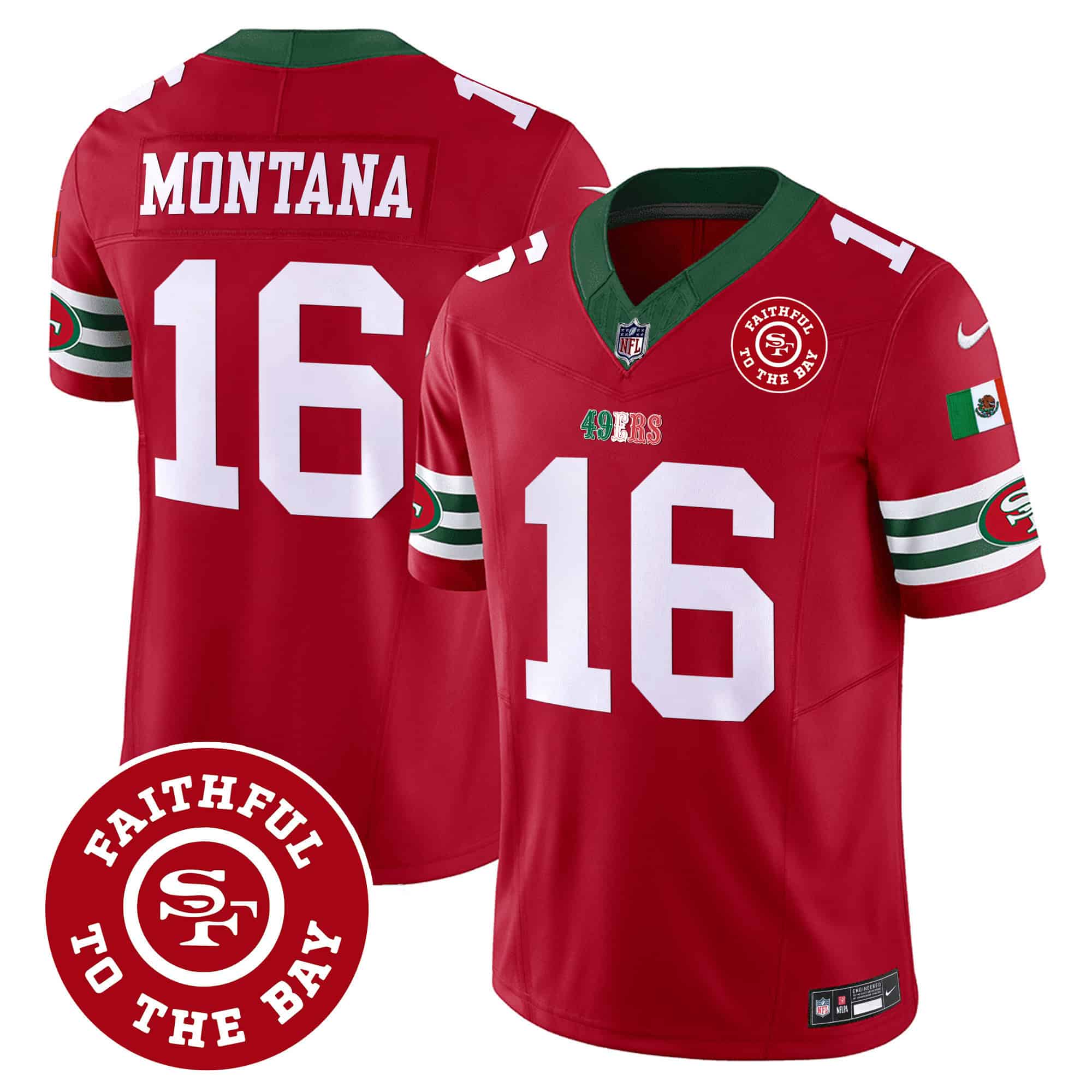 Men’s 49ers Mexico Faithful To The Bay Patch Vapor Jersey – All Stitched – Red – Joe Montana