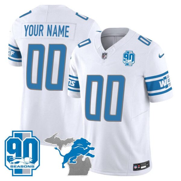 Detroit Lions 90th Year & Michigan Patch Custom Vapor Jersey – All Stitched – Youth – White