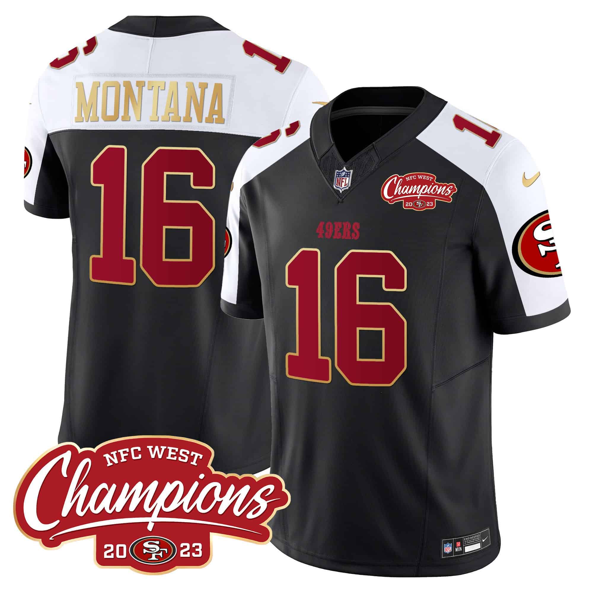 Men’s 49ers NFC West Champions Gold Trim Vapor Jersey – All Stitched – Black Alternate – Joe Montana