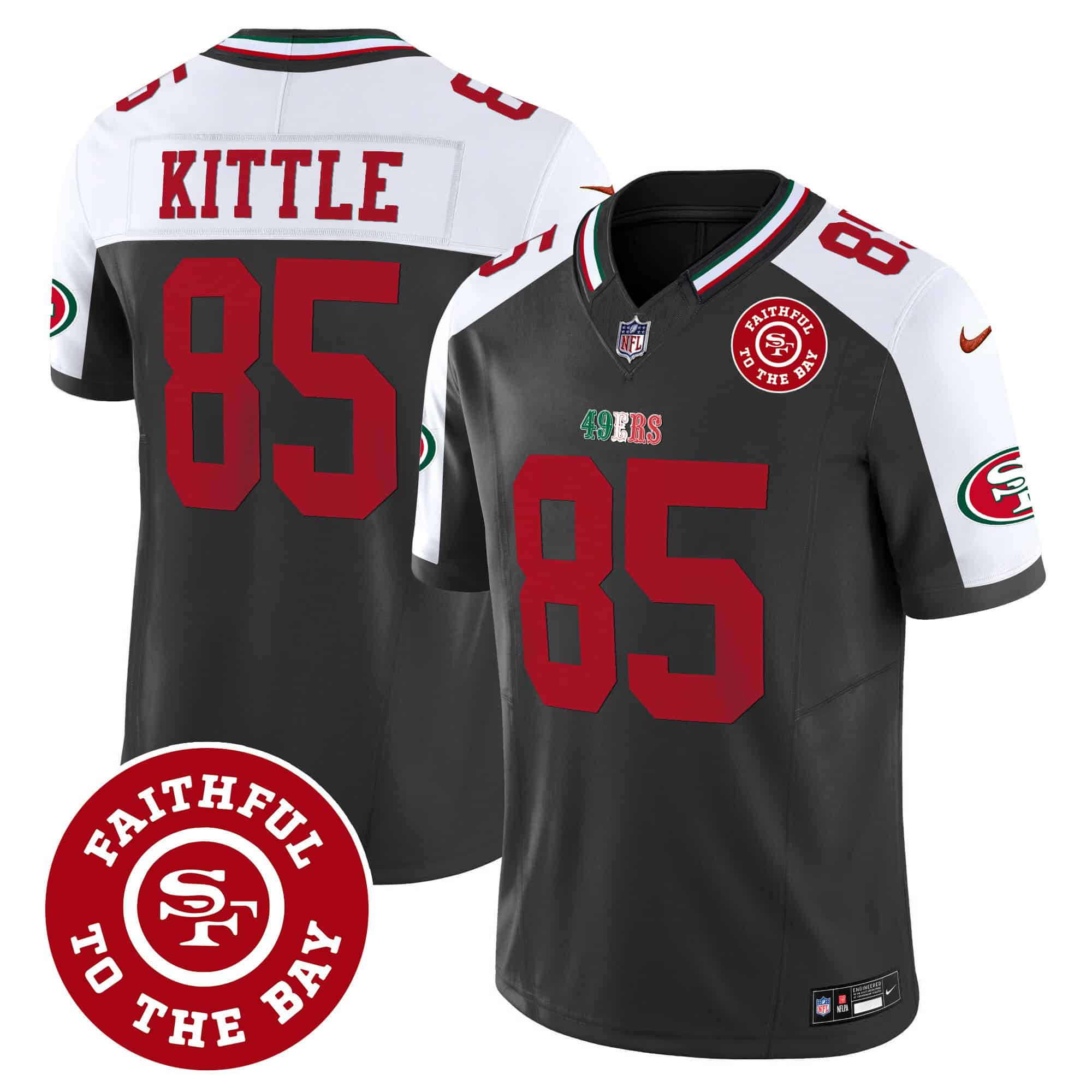 Men’s 49ers Mexico Faithful To The Bay Patch Vapor Jersey – All Stitched – Black Alternate – George Kittle