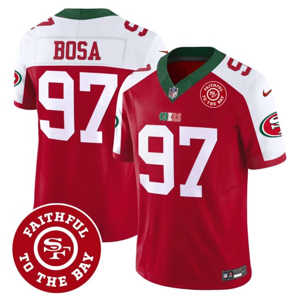 Men’s 49ers Mexico Faithful To The Bay Patch Vapor Jersey – All Stitched – Red Alternate – Nick Bosa