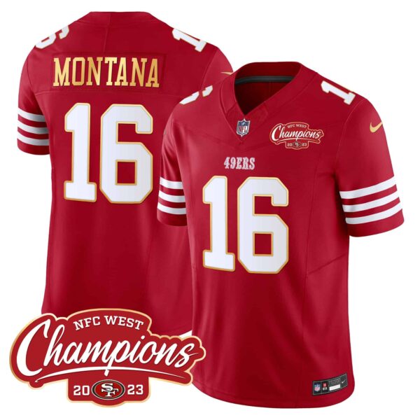 Men’s 49ers NFC West Champions Gold Trim Vapor Jersey – All Stitched – Red – Joe Montana