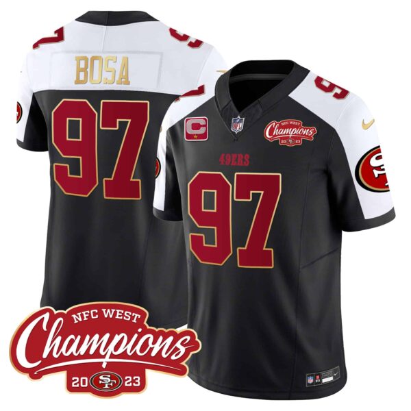 Men’s 49ers NFC West Champions Gold Trim Vapor Jersey – All Stitched – Black Alternate – Nick Bosa