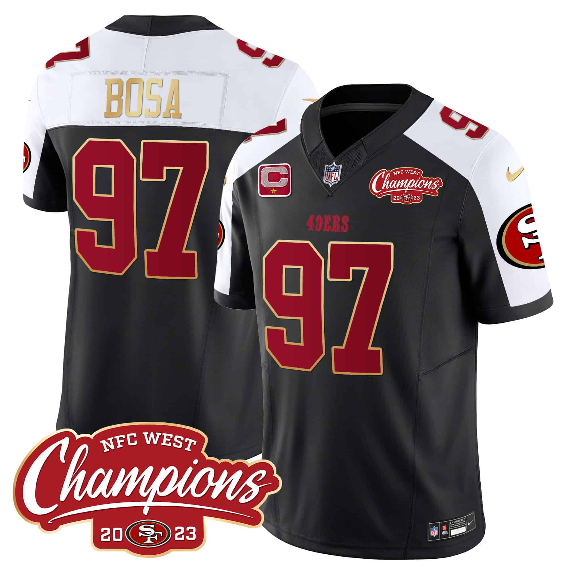 Men’s 49ers NFC West Champions Gold Trim Vapor Jersey – All Stitched – Black Alternate – Nick Bosa