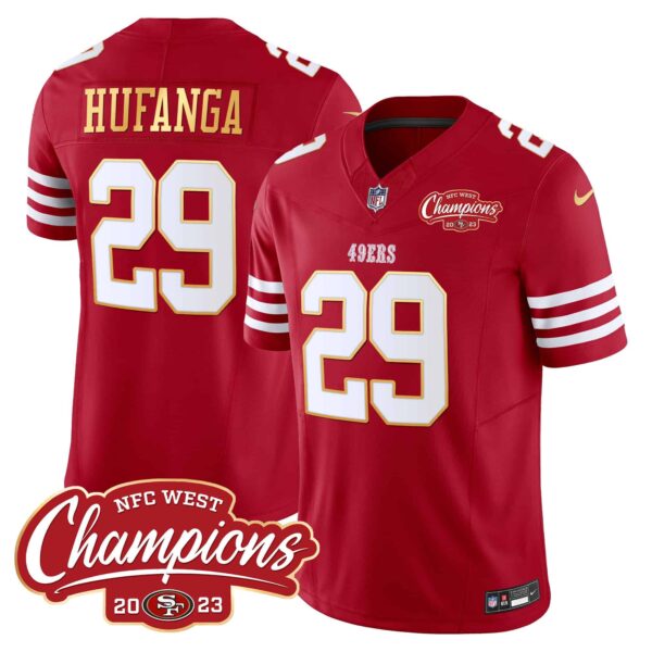Men’s 49ers NFC West Champions Gold Trim Vapor Jersey – All Stitched – Red – Talanoa Hufanga
