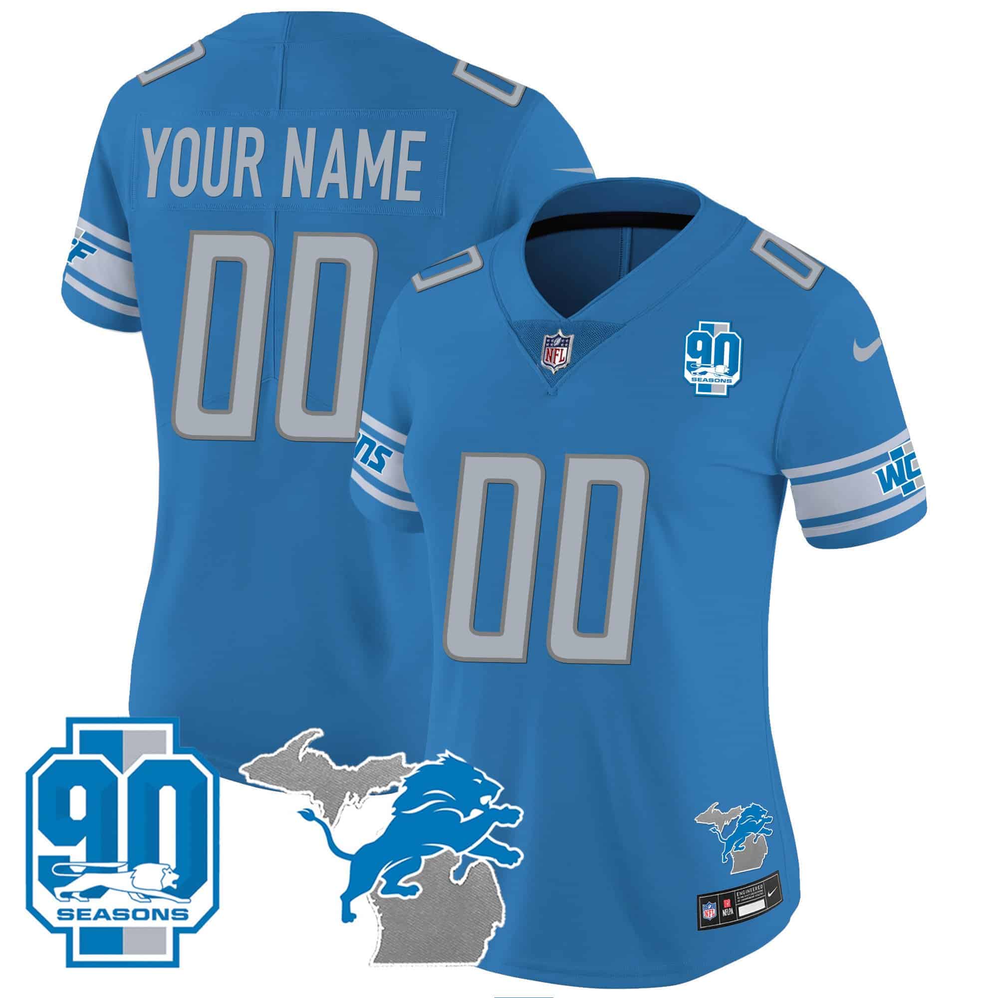 Detroit Lions 90th Year & Michigan Patch Custom Vapor Jersey – All Stitched – Women – Blue