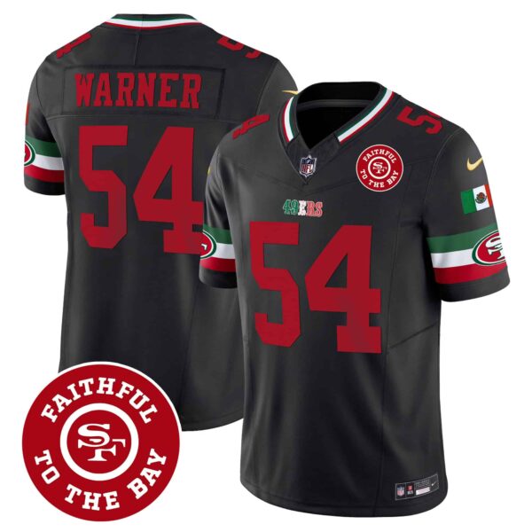 Men’s 49ers Mexico Faithful To The Bay Patch Vapor Jersey – All Stitched – Black – Fred Warner