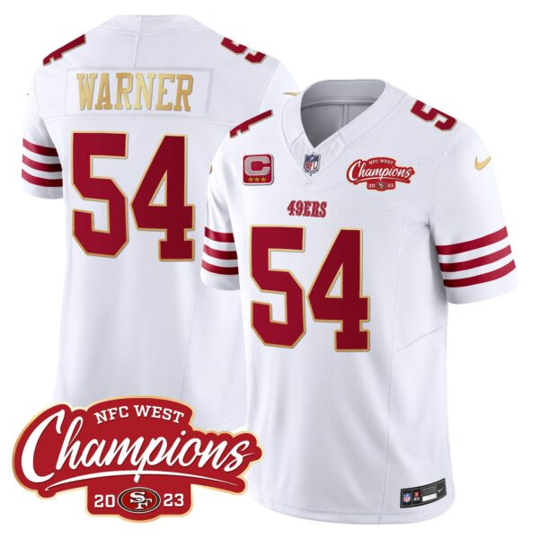 Men’s 49ers NFC West Champions Gold Trim Vapor Jersey – All Stitched – White – Fred Warner