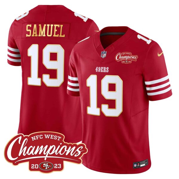 Men’s 49ers NFC West Champions Gold Trim Vapor Jersey – All Stitched – Red – Deebo Samuel